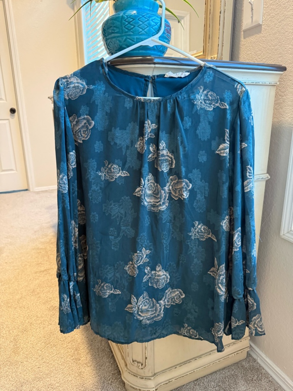 Teal Floral Long-Sleeve Women's Blouse